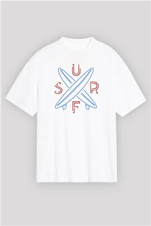 Sörf Baskılı Unisex Beyaz Oversize Tişört - Tshirt