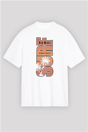 Sörf Baskılı Unisex Beyaz Oversize Tişört - Tshirt