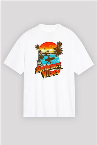 Sörf Baskılı Unisex Beyaz Oversize Tişört - Tshirt