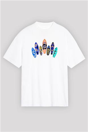 Sörf Baskılı Unisex Beyaz Oversize Tişört - Tshirt