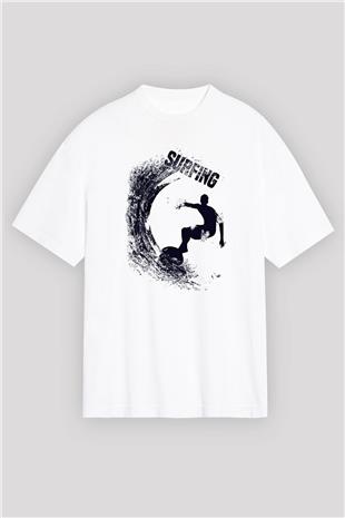 Sörf Baskılı Unisex Beyaz Oversize Tişört - Tshirt