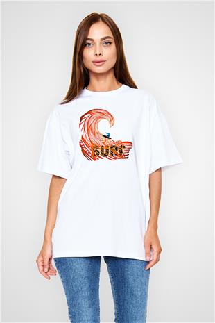 Sörf Baskılı Unisex Beyaz Oversize Tişört - Tshirt