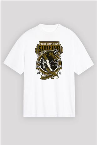 Sörf Baskılı Unisex Beyaz Oversize Tişört - Tshirt