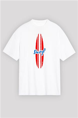 Sörf Baskılı Unisex Beyaz Oversize Tişört - Tshirt