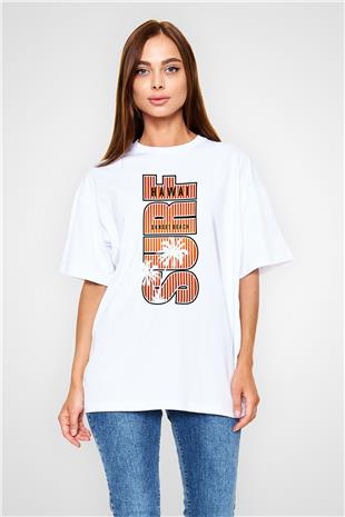 Sörf Baskılı Unisex Beyaz Oversize Tişört - Tshirt