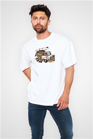 Sörf Baskılı Unisex Beyaz Oversize Tişört - Tshirt