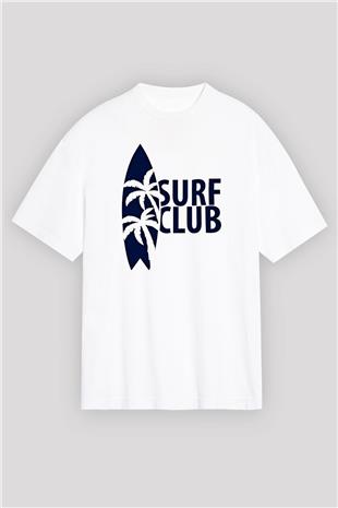 Sörf Baskılı Unisex Beyaz Oversize Tişört - Tshirt