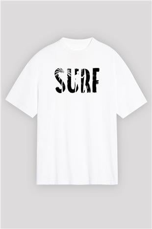 Sörf Baskılı Unisex Beyaz Oversize Tişört - Tshirt