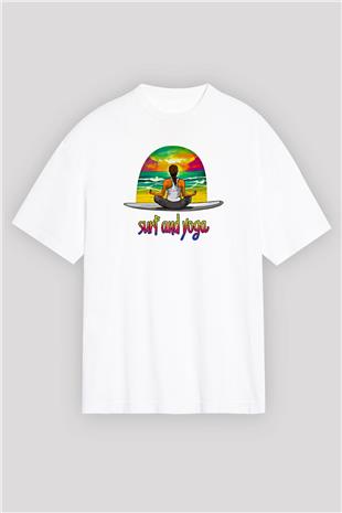 Sörf Baskılı Unisex Beyaz Oversize Tişört - Tshirt