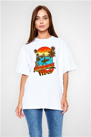 Sörf Baskılı Unisex Beyaz Oversize Tişört - Tshirt