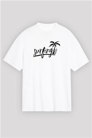 Sörf Baskılı Unisex Beyaz Oversize Tişört - Tshirt