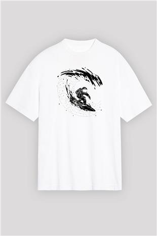Sörf Baskılı Unisex Beyaz Oversize Tişört - Tshirt