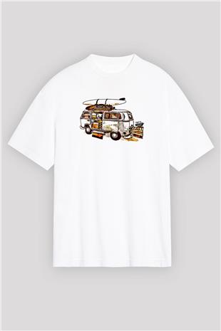 Sörf Baskılı Unisex Beyaz Oversize Tişört - Tshirt