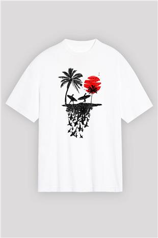 Sörf Baskılı Unisex Beyaz Oversize Tişört - Tshirt