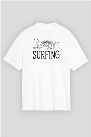 Sörf Baskılı Unisex Beyaz Oversize Tişört - Tshirt