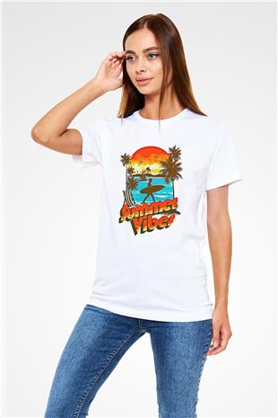 Sörf Baskılı Unisex Beyaz Tişört - Tshirt