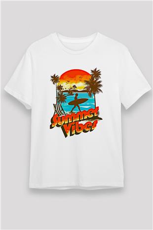 Sörf Baskılı Unisex Beyaz Tişört - Tshirt