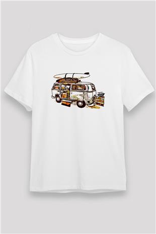 Sörf Baskılı Unisex Beyaz Tişört - Tshirt