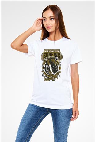 Sörf Baskılı Unisex Beyaz Tişört - Tshirt