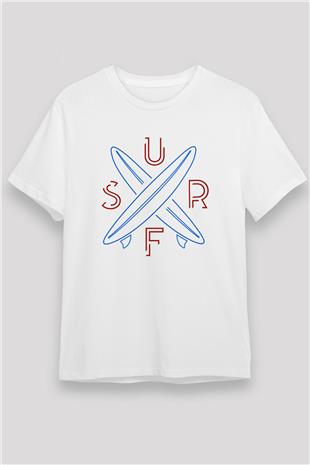 Sörf Baskılı Unisex Beyaz Tişört - Tshirt