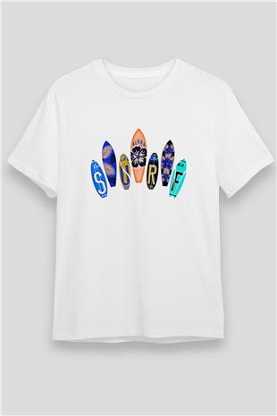 Sörf Baskılı Unisex Beyaz Tişört - Tshirt