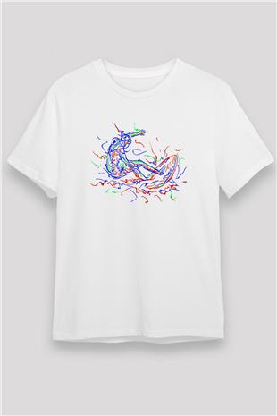 Sörf Baskılı Unisex Beyaz Tişört - Tshirt