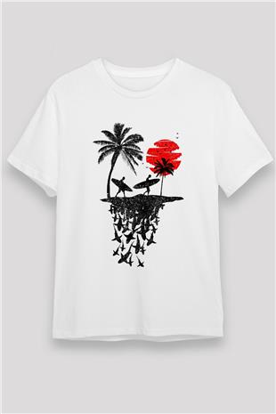 Sörf Baskılı Unisex Beyaz Tişört - Tshirt