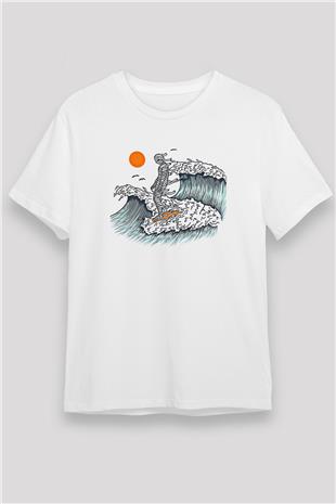 Sörf Baskılı Unisex Beyaz Tişört - Tshirt