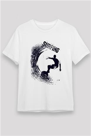 Sörf Baskılı Unisex Beyaz Tişört - Tshirt