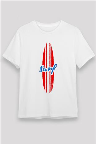 Sörf Baskılı Unisex Beyaz Tişört - Tshirt