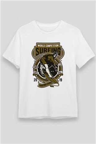 Sörf Baskılı Unisex Beyaz Tişört - Tshirt