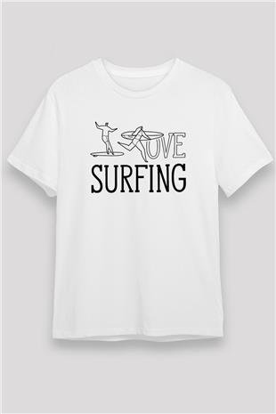 Sörf Baskılı Unisex Beyaz Tişört - Tshirt