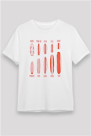 Sörf Baskılı Unisex Beyaz Tişört - Tshirt