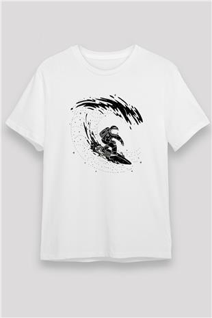 Sörf Baskılı Unisex Beyaz Tişört - Tshirt
