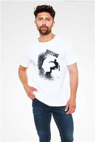 Sörf Baskılı Unisex Beyaz Tişört - Tshirt