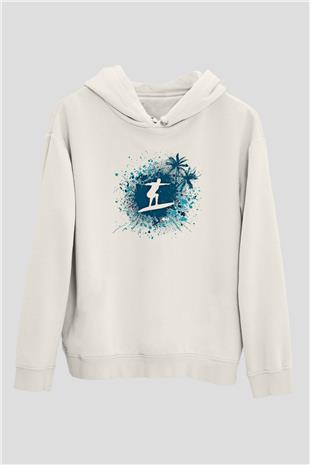 Sörf Baskılı Unisex Ekru Hoodie