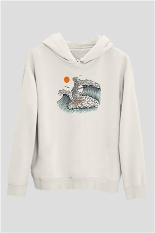 Sörf Baskılı Unisex Ekru Hoodie