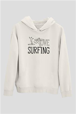 Sörf Baskılı Unisex Ekru Hoodie