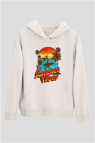 Sörf Baskılı Unisex Ekru Hoodie