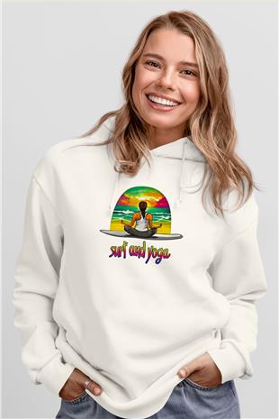Sörf Baskılı Unisex Ekru Hoodie