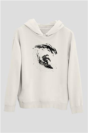 Sörf Baskılı Unisex Ekru Hoodie