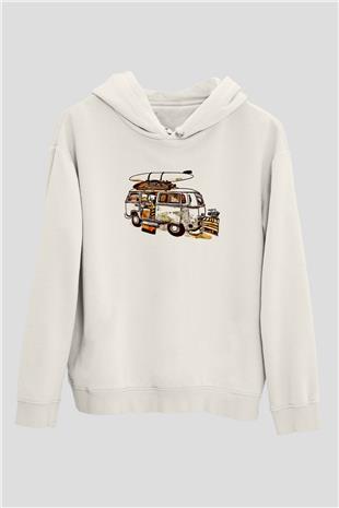 Sörf Baskılı Unisex Ekru Hoodie