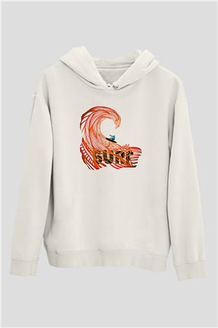 Sörf Baskılı Unisex Ekru Hoodie