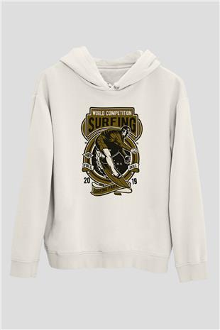 Sörf Baskılı Unisex Ekru Hoodie