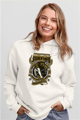 Sörf Baskılı Unisex Ekru Hoodie