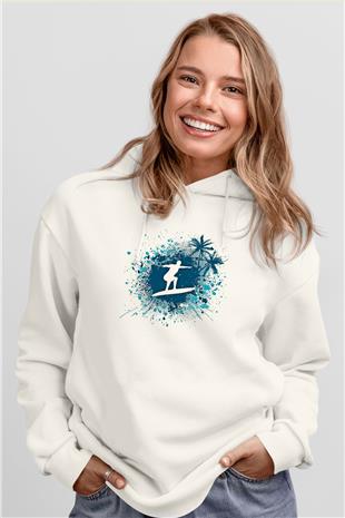 Sörf Baskılı Unisex Ekru Hoodie