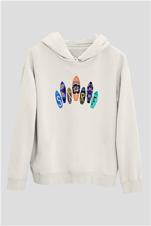 Sörf Baskılı Unisex Ekru Hoodie