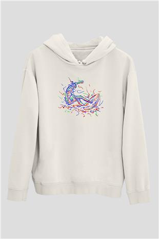 Sörf Baskılı Unisex Ekru Hoodie