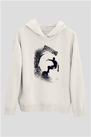 Sörf Baskılı Unisex Ekru Hoodie