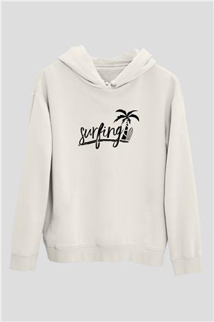 Sörf Baskılı Unisex Ekru Hoodie